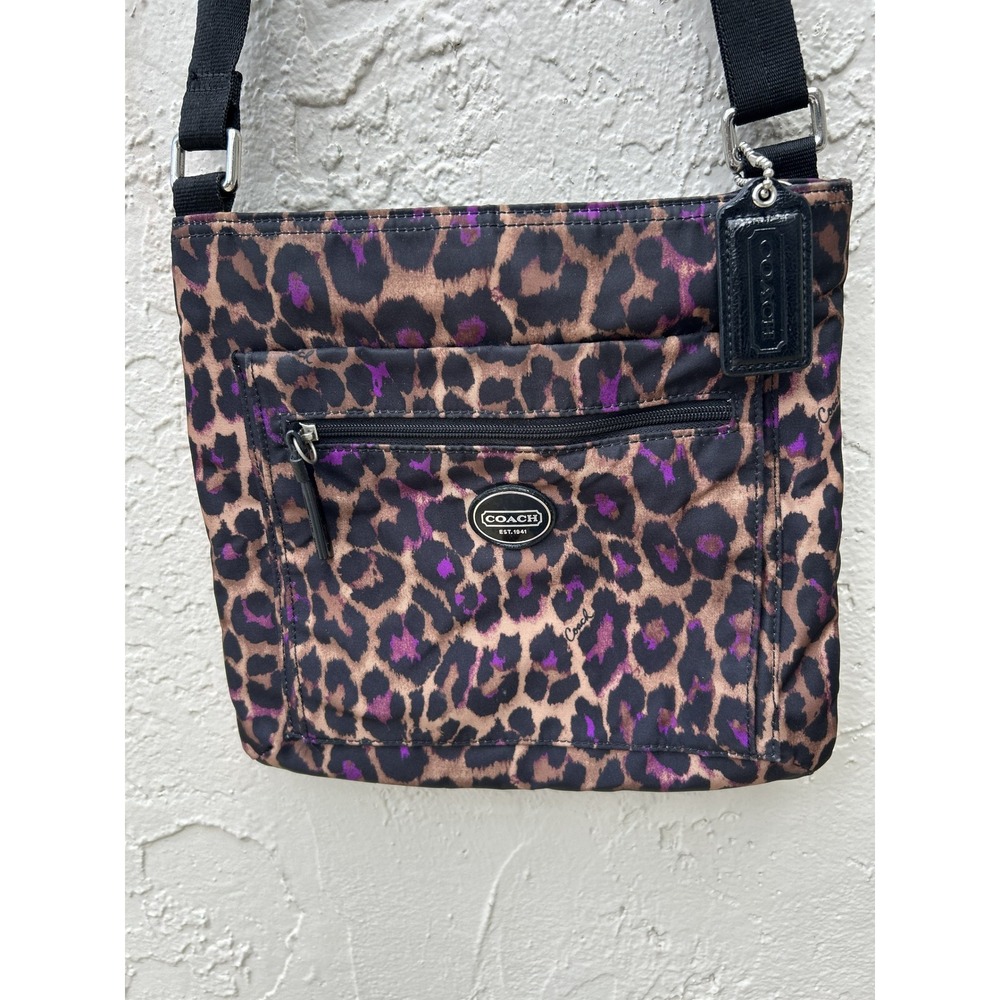Coach Ocelot Leopard Print Crossbody Bag Purple Tan Nylon F77479